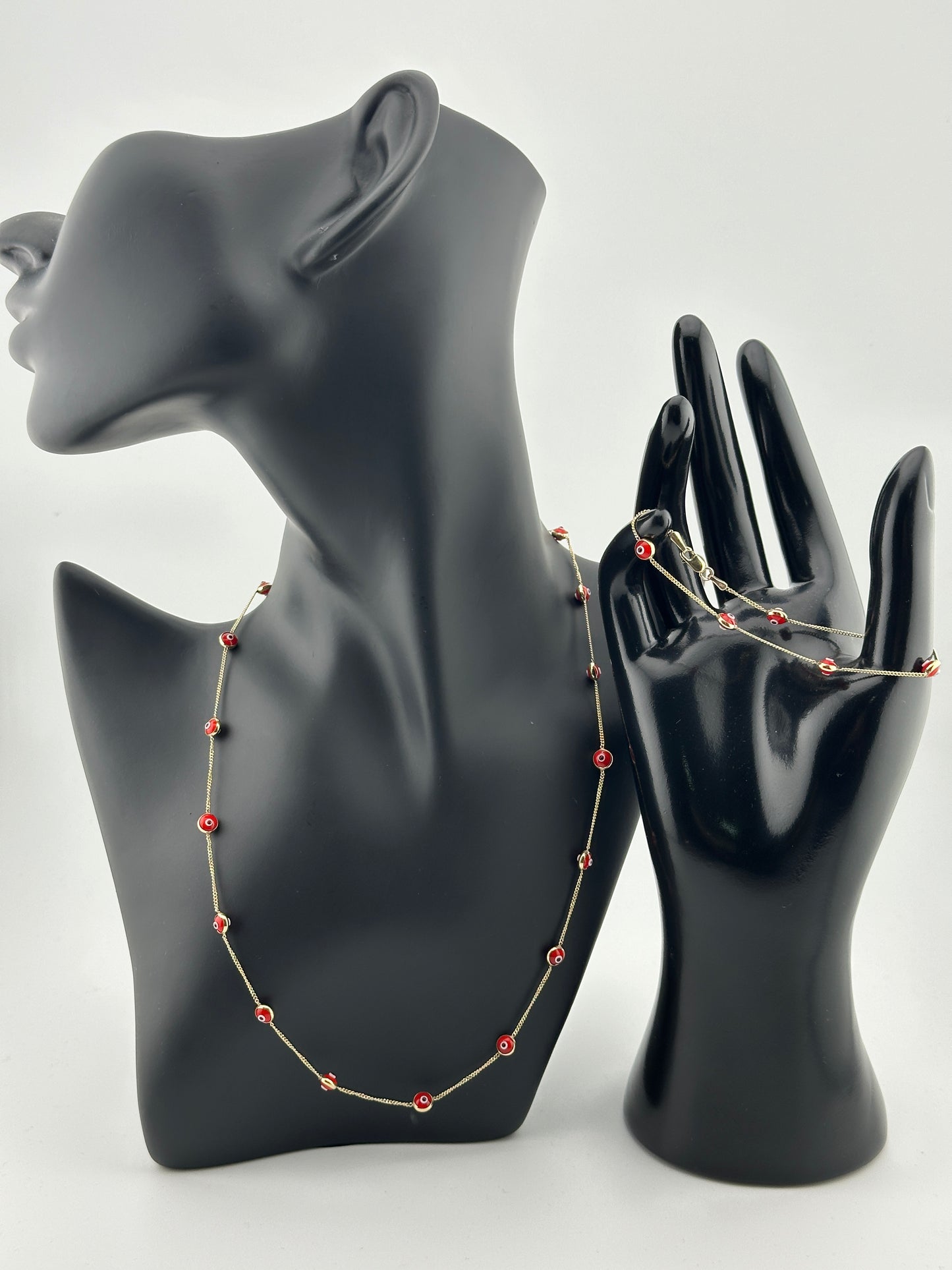 10K Gold Red Evil Eye Necklace & Bracelet Set