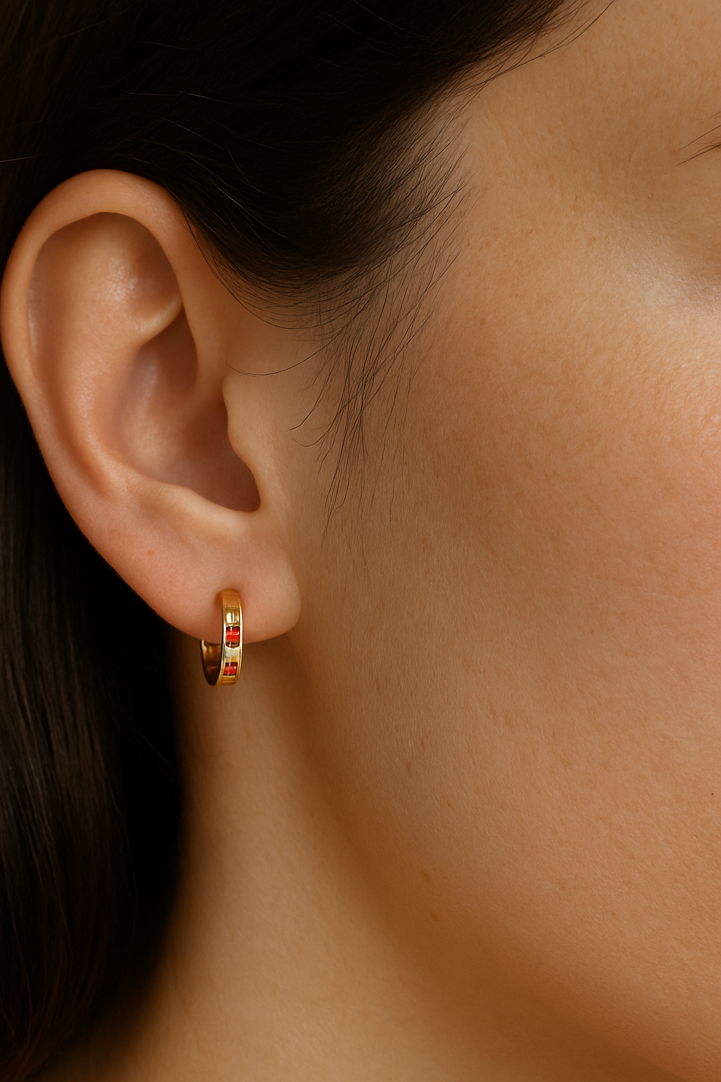10K Gold Hoop Earrings with Ruby and CZ Inlay