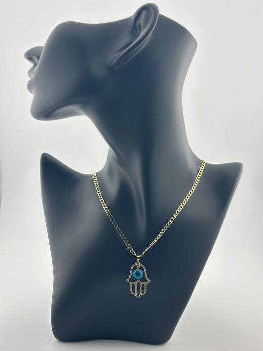 10K Gold Hamsa Hand Necklace with Blue Evil Eye