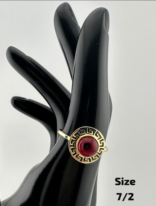10K Gold Red Stone Greek Key Ring
