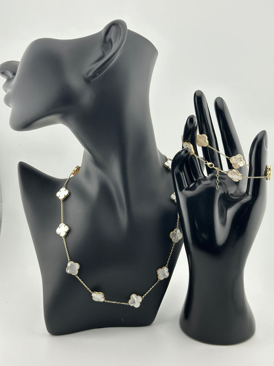 10K Gold Mother of Pearl Clover Necklace and Bracelet Set