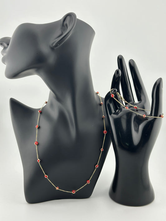 10K Gold Red Evil Eye Necklace & Bracelet Set
