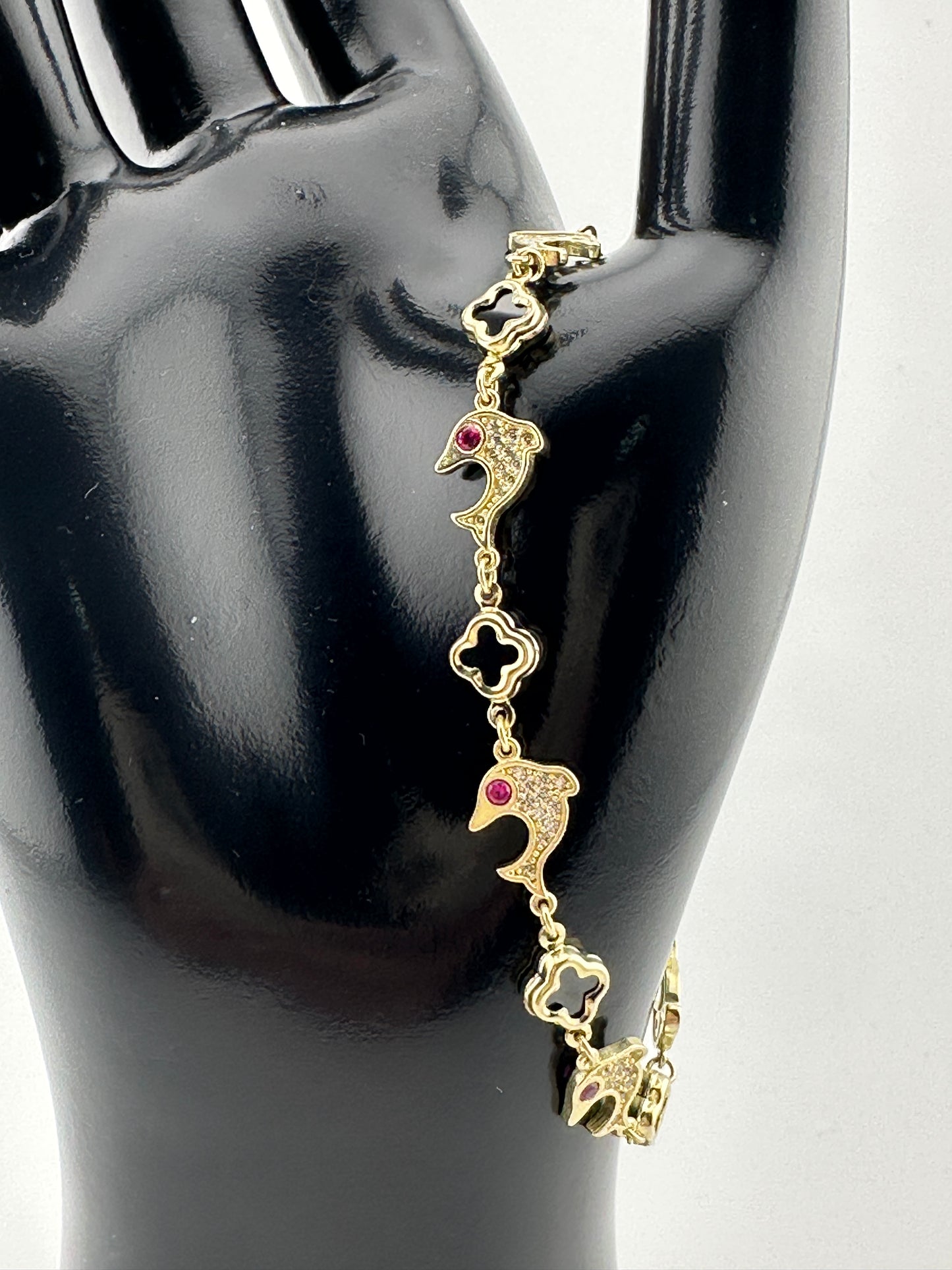 10K Gold Bracelet with Dolphin and Clover