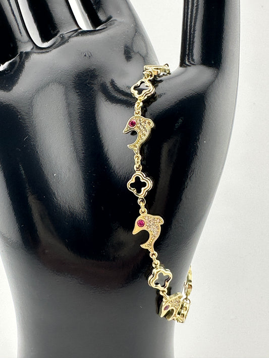 10K Gold Bracelet with Dolphin and Clover