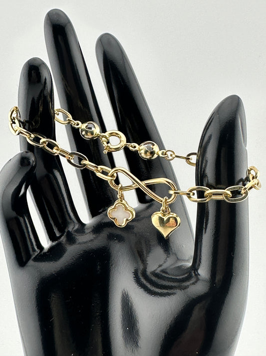 10K Gold Charm Bracelet with Heart and Clover
